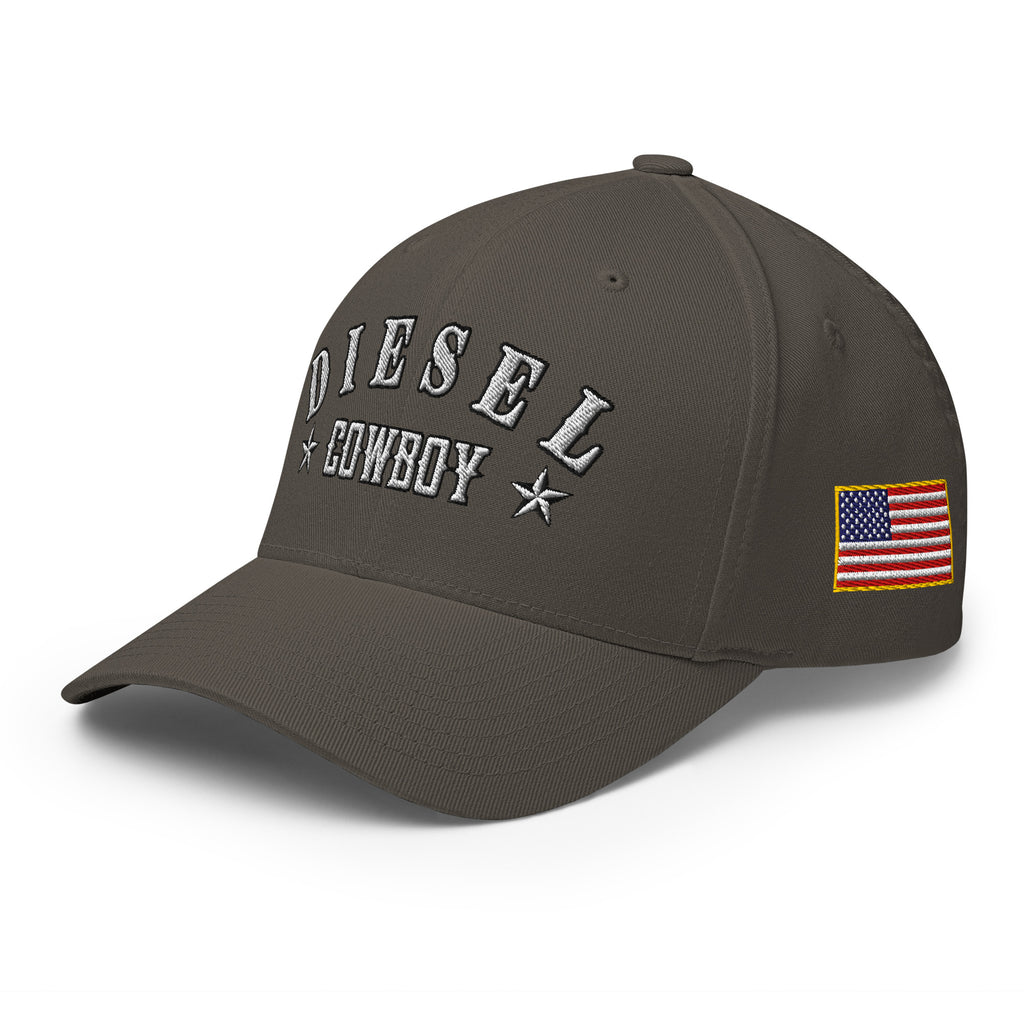 Dark Grey structured Flexfit cap with embroidered Diesel Cowboy design, left front view