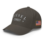 Dark Grey structured Flexfit cap with embroidered Diesel Cowboy design, left front view