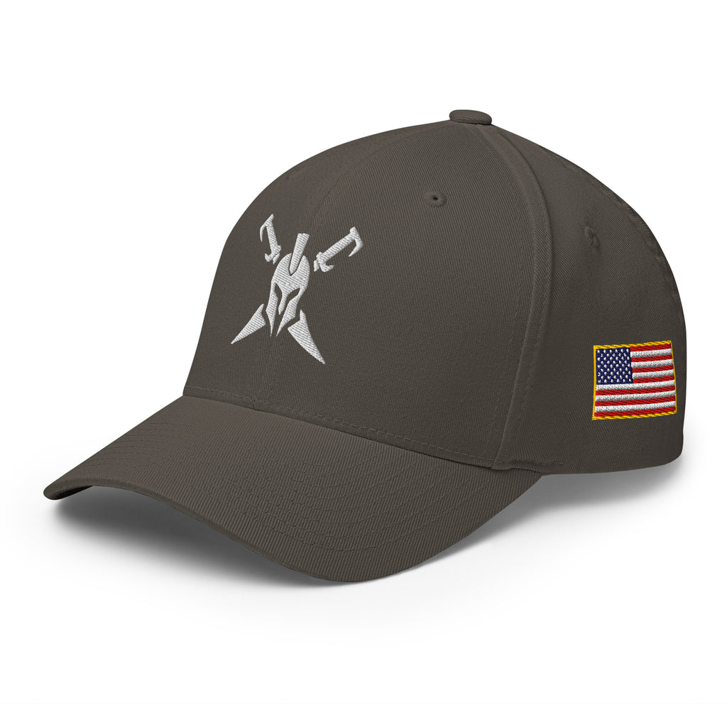 Dark Grey structured Flexfit cap, left front view with Call to Arms embroidery