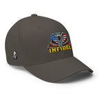 Right-front view of dark grey Infidel USA Flag Cobra Flexfit hat