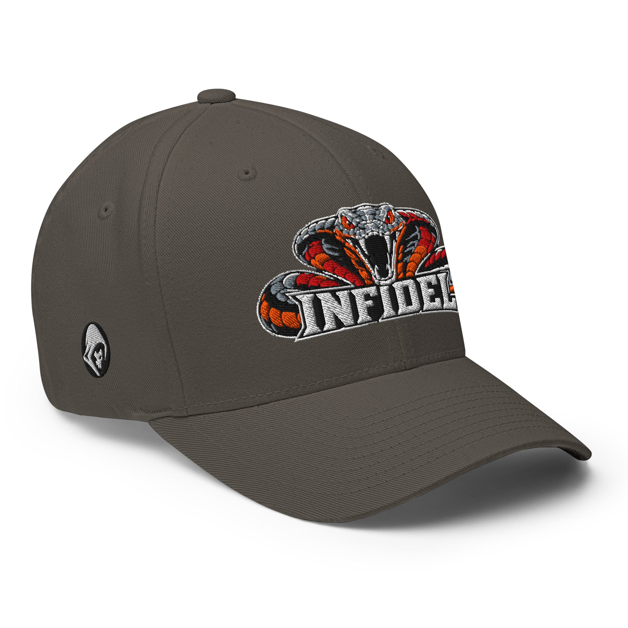 Right-front view of dark grey Infidel Cobra King Flexfit hat