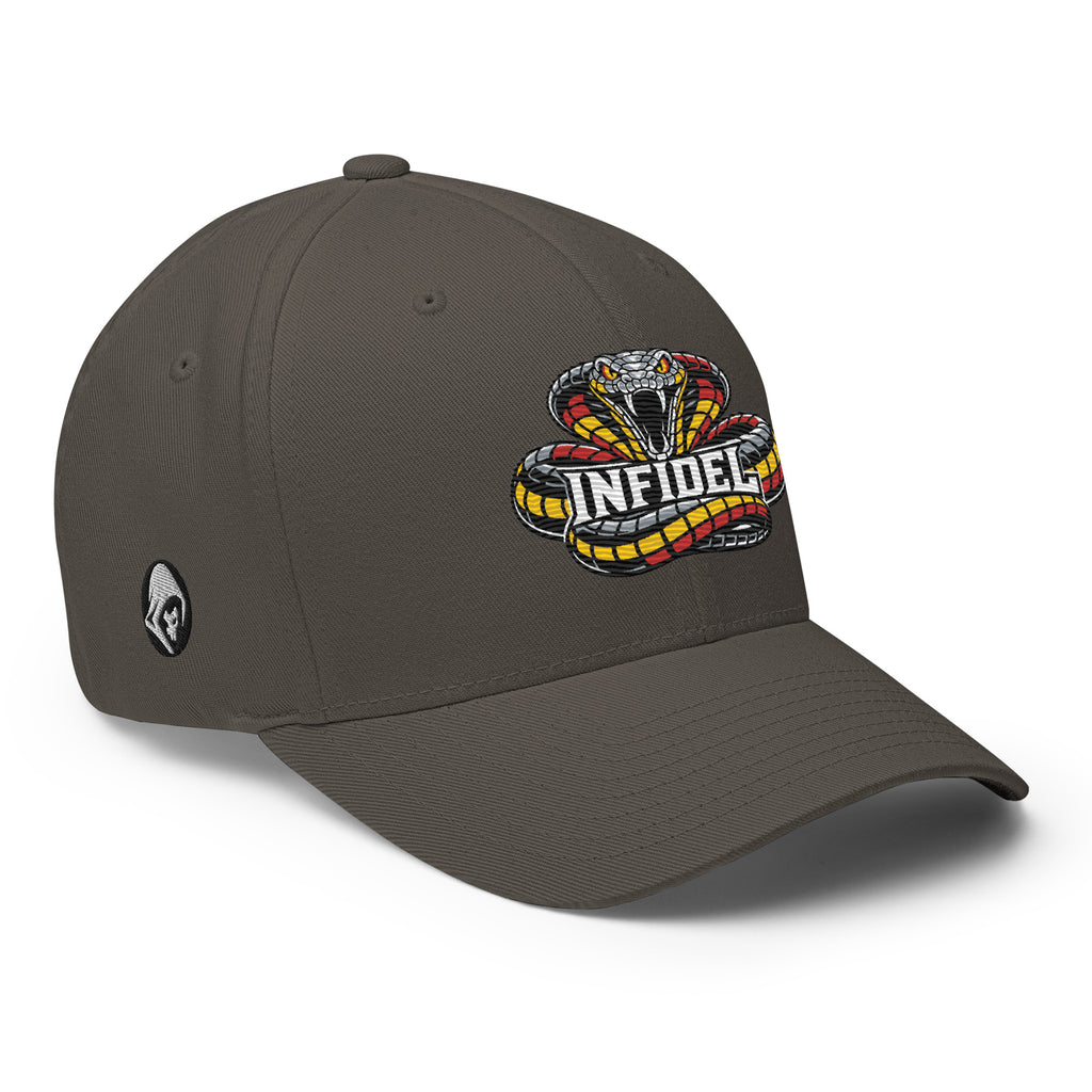 Right-front view of dark grey Infidel Coiled Cobra Flexfit hat