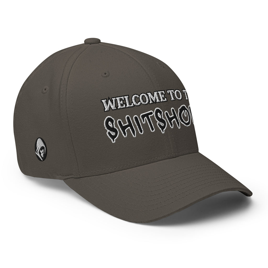 Right-front view of dark grey Welcome to the Shitshow Flexfit hat