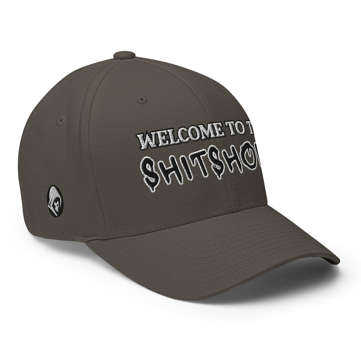 Right-front view of dark grey Welcome to the Shitshow Flexfit hat