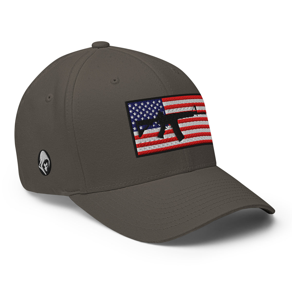 Right-front view of dark grey AR-15 Old Glory Flexfit hat