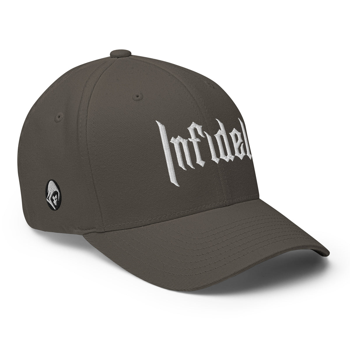 Right-front view of dark grey OG Infidel Flexfit hat