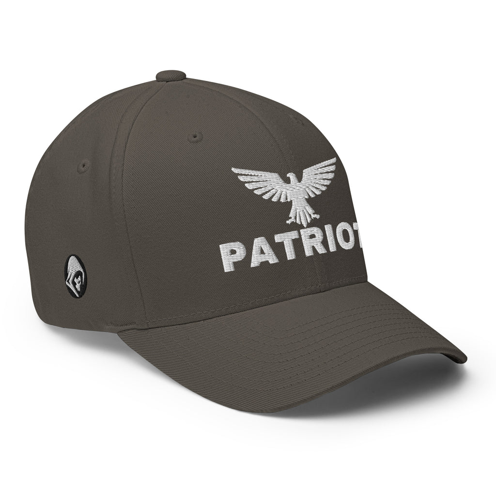 Right-front view of dark grey Patriot Eagle Flexfit hat
