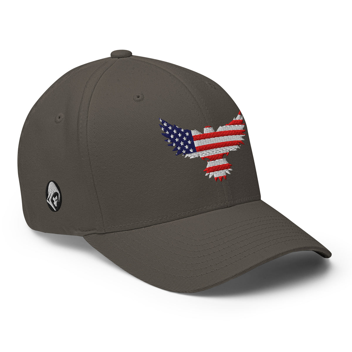 Right-front view of dark grey Old Glory Eagle Flexfit hat