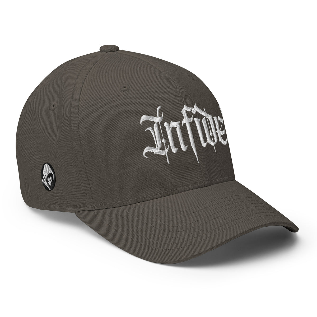 Right-front view of dark grey Infidel Script Flexfit hat