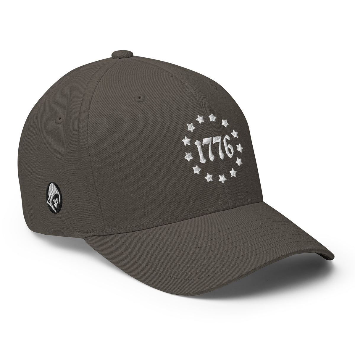 Right-front view of dark grey 1776 Betsy Ross Stars Flexfit hat