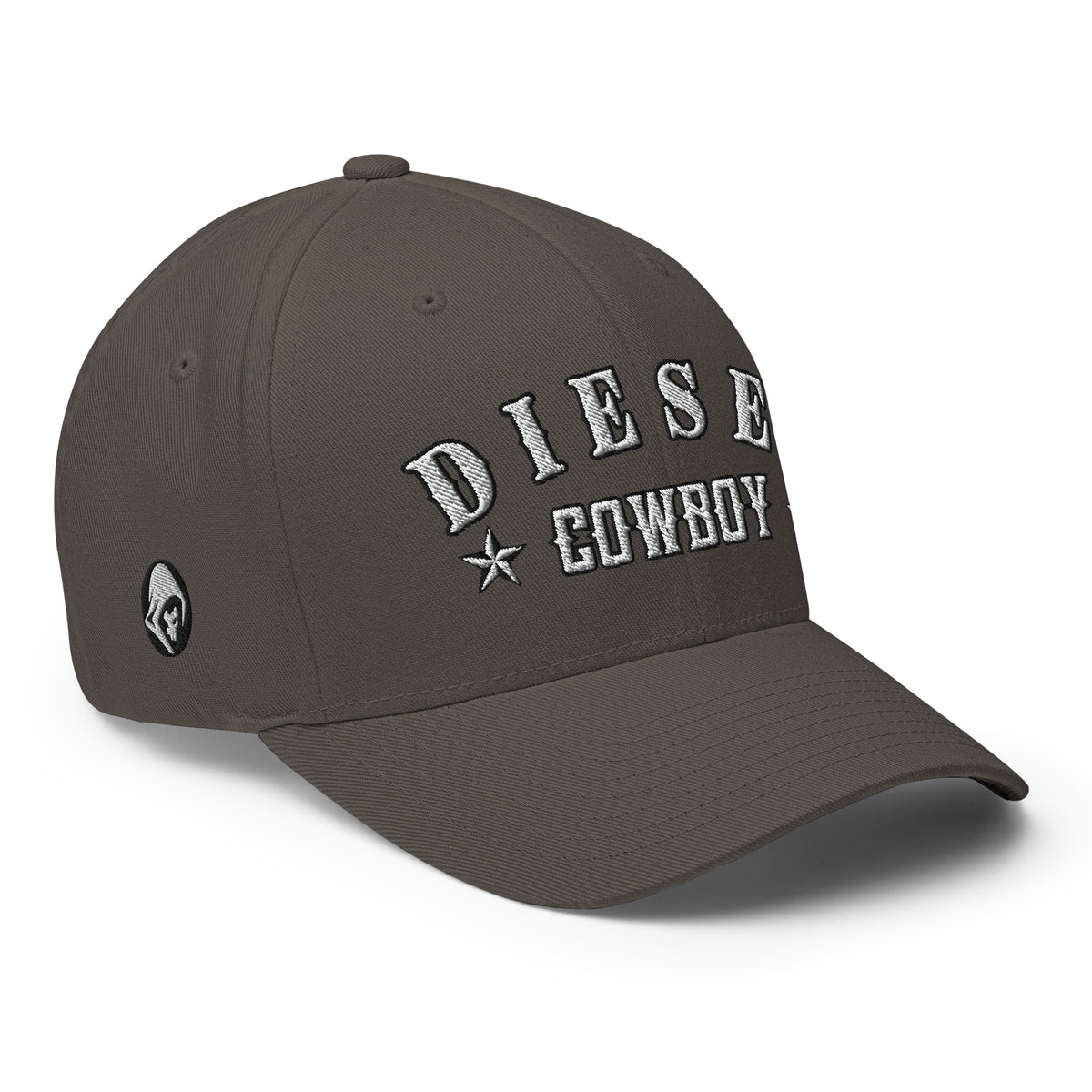 Dark Grey structured Flexfit cap with embroidered Diesel Cowboy design, right front view