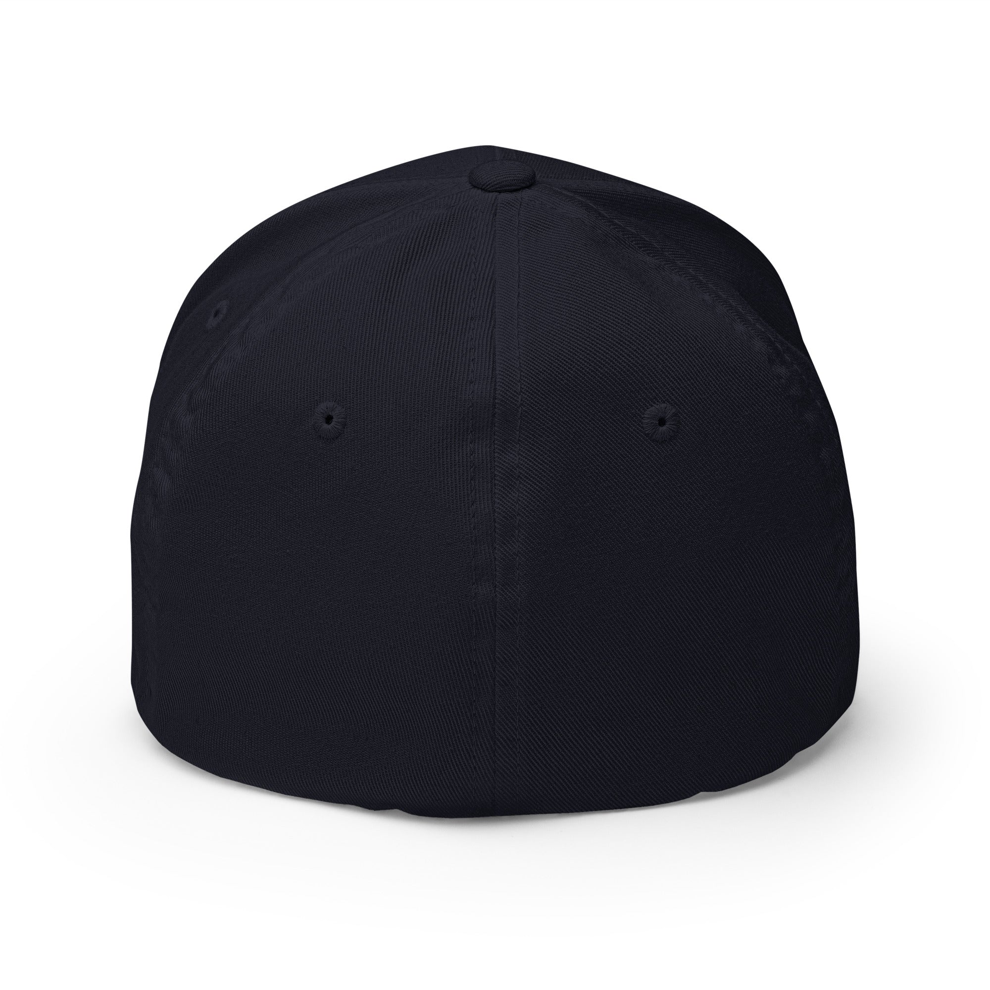 Back view of dark navy Infidel Coiled Cobra Flexfit hat