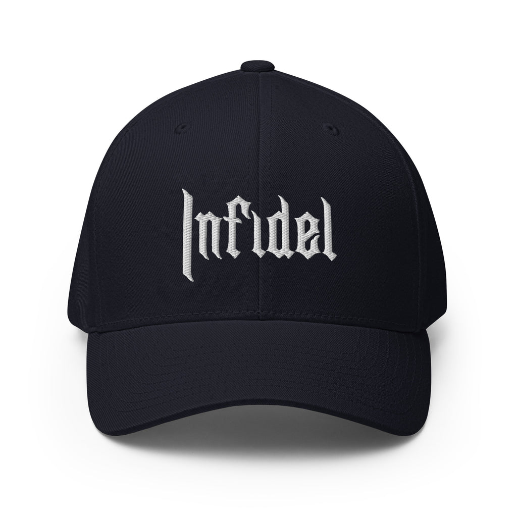 Black cap with white logo on a white background