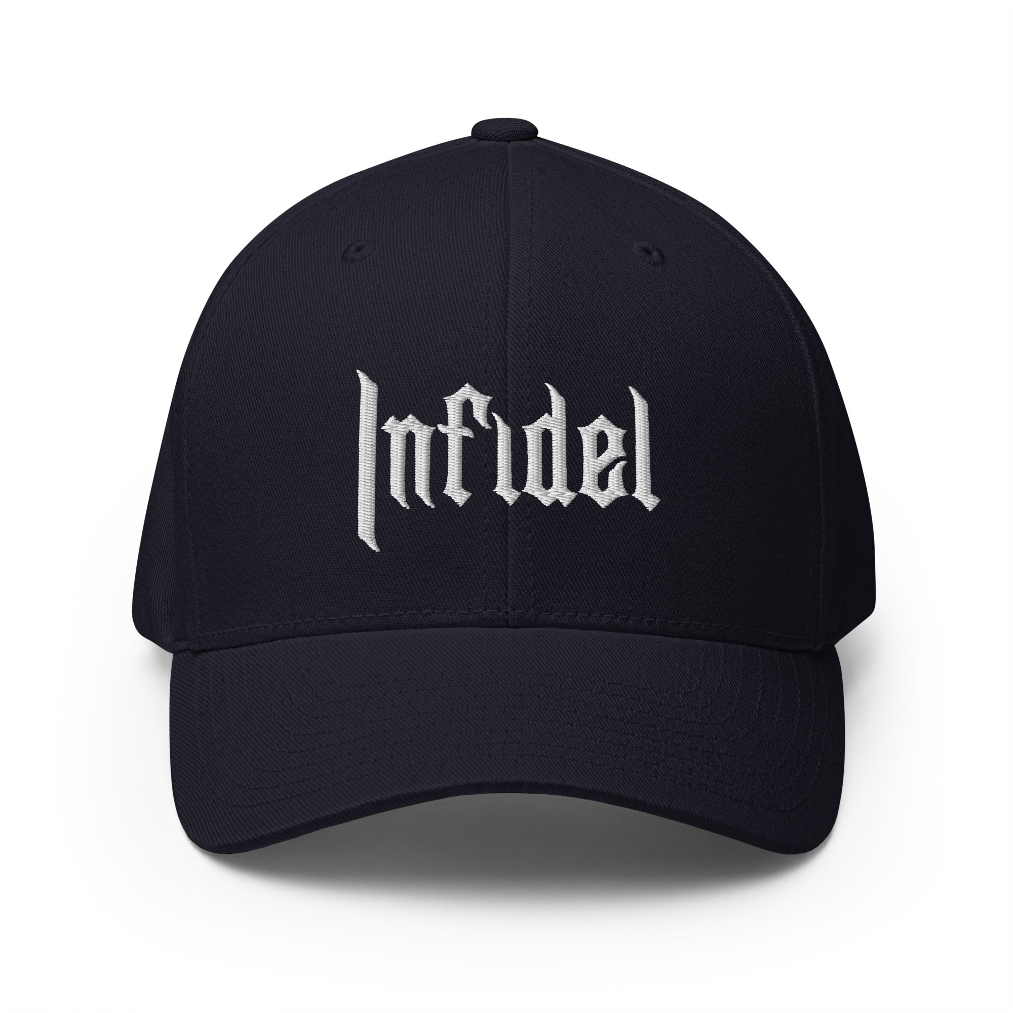 Black cap with white logo on a white background
