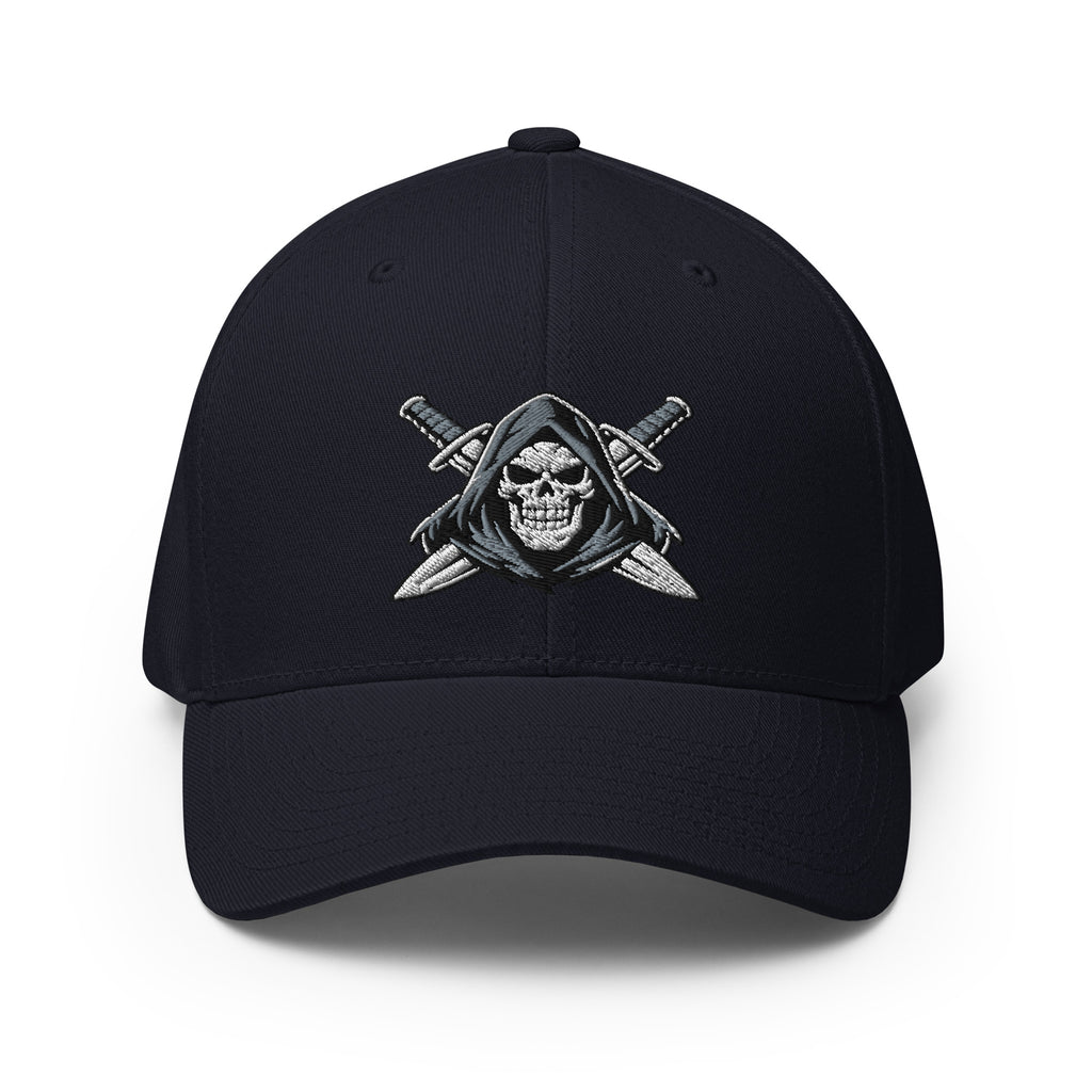 Black cap with a grim reaper design on a white background