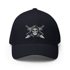 Black cap with a grim reaper design on a white background