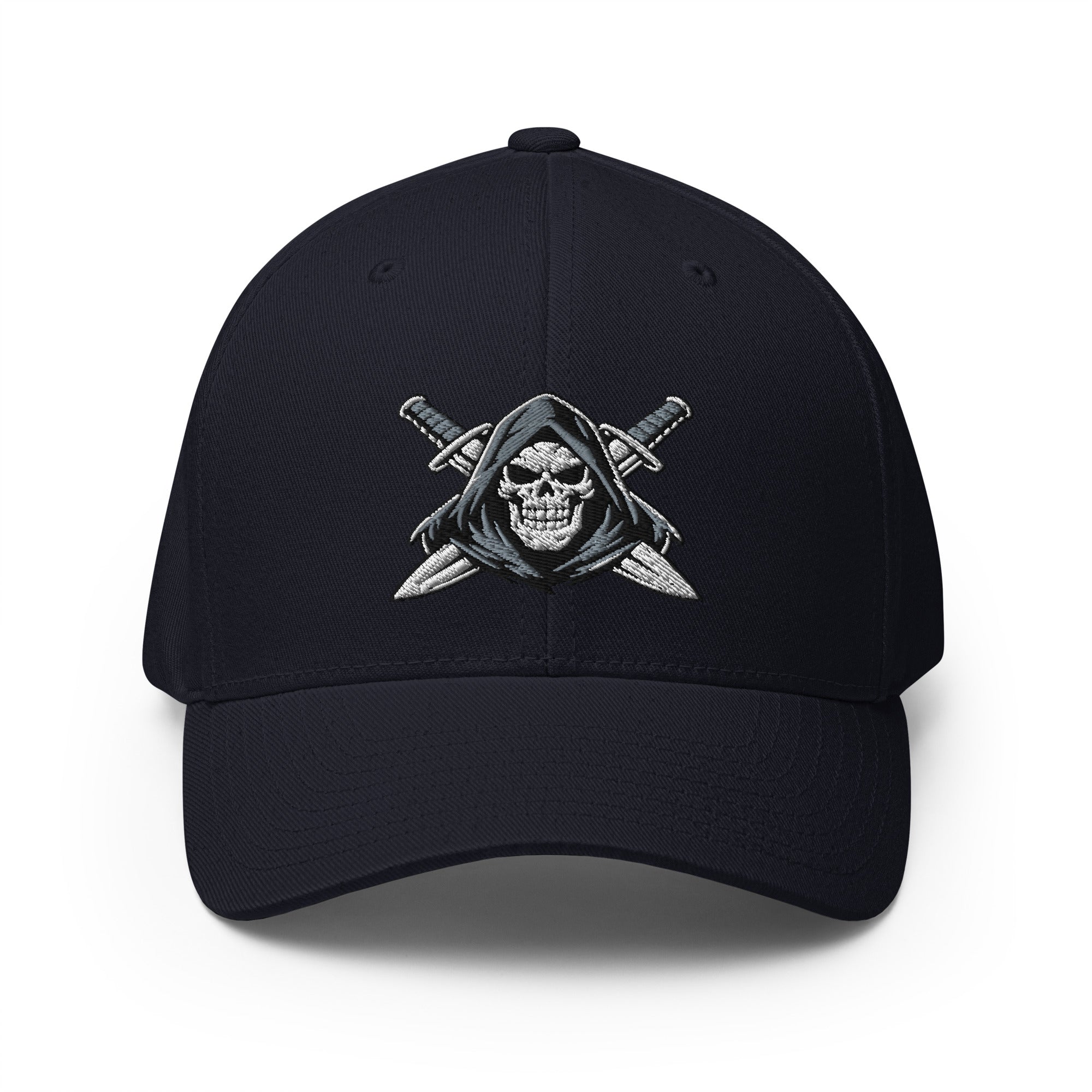 Black cap with a grim reaper design on a white background