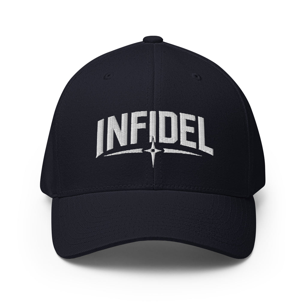Black cap with 'INFIDEL' text on a white background