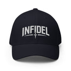 Black cap with 'INFIDEL' text on a white background