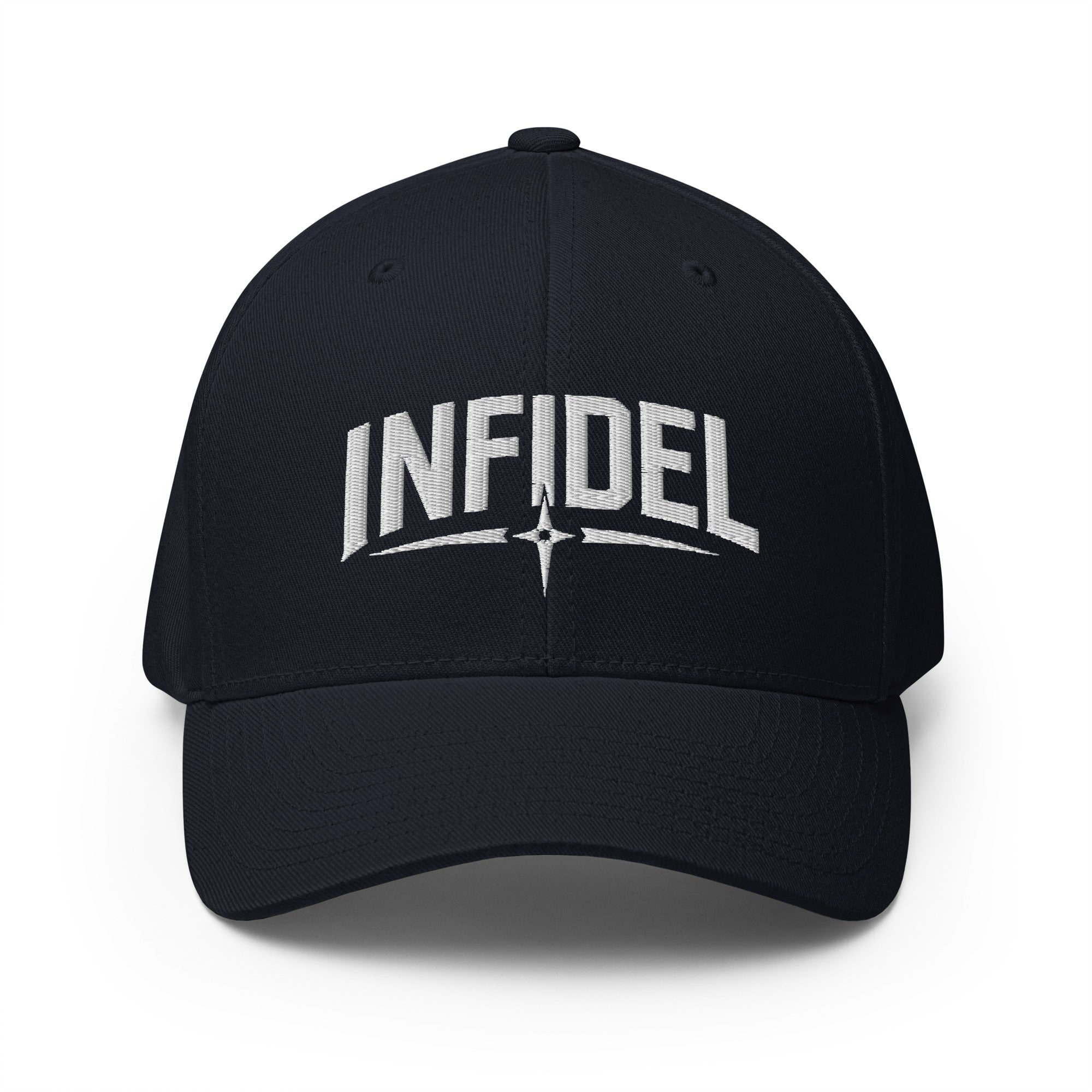 Black cap with 'INFIDEL' text on a white background