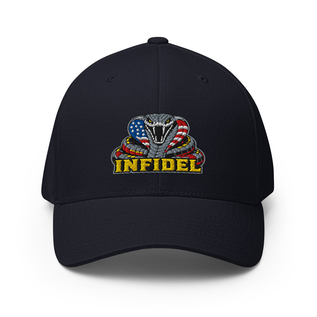 Front view of dark navy Infidel USA Flag Cobra Flexfit hat