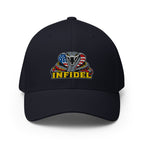 Front view of dark navy Infidel USA Flag Cobra Flexfit hat