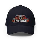 Front view of dark navy Infidel Cobra King Flexfit hat