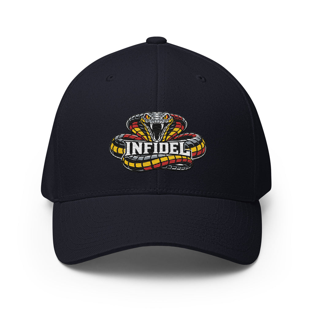 Front view of dark navy Infidel Coiled Cobra Flexfit hat