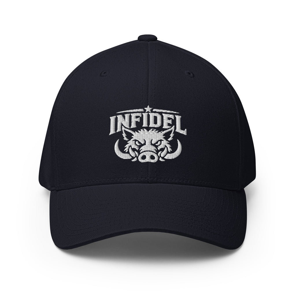 Front view of dark navy Infidel War Pig Flexfit hat