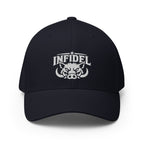Front view of dark navy Infidel War Pig Flexfit hat