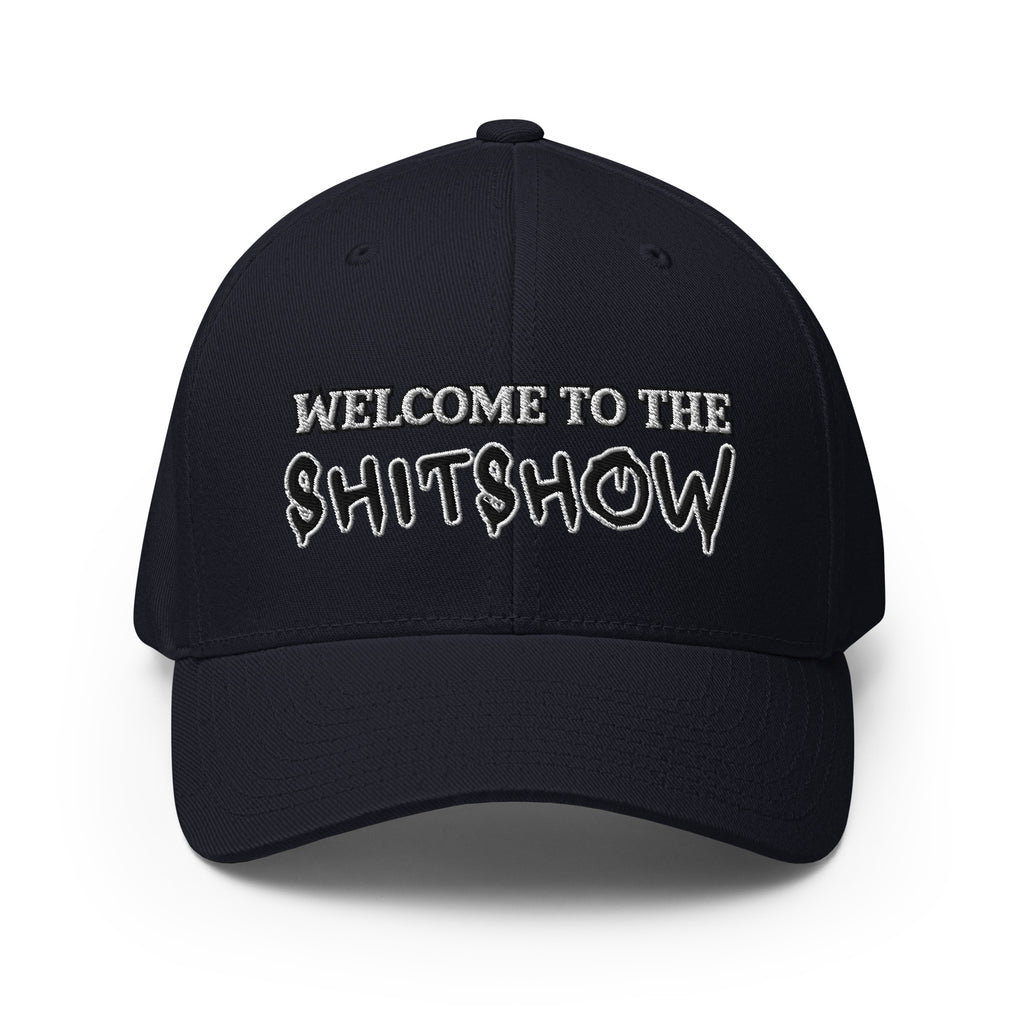Front view of dark navy Welcome to the Shitshow Flexfit hat