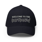 Front view of dark navy Welcome to the Shitshow Flexfit hat