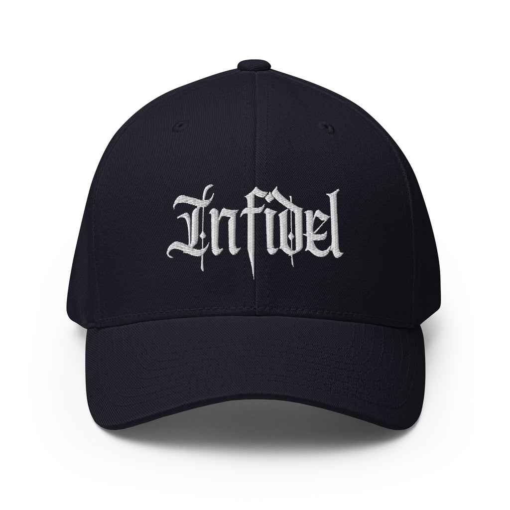 Front view of dark navy Infidel Script Flexfit hat