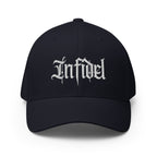 Front view of dark navy Infidel Script Flexfit hat
