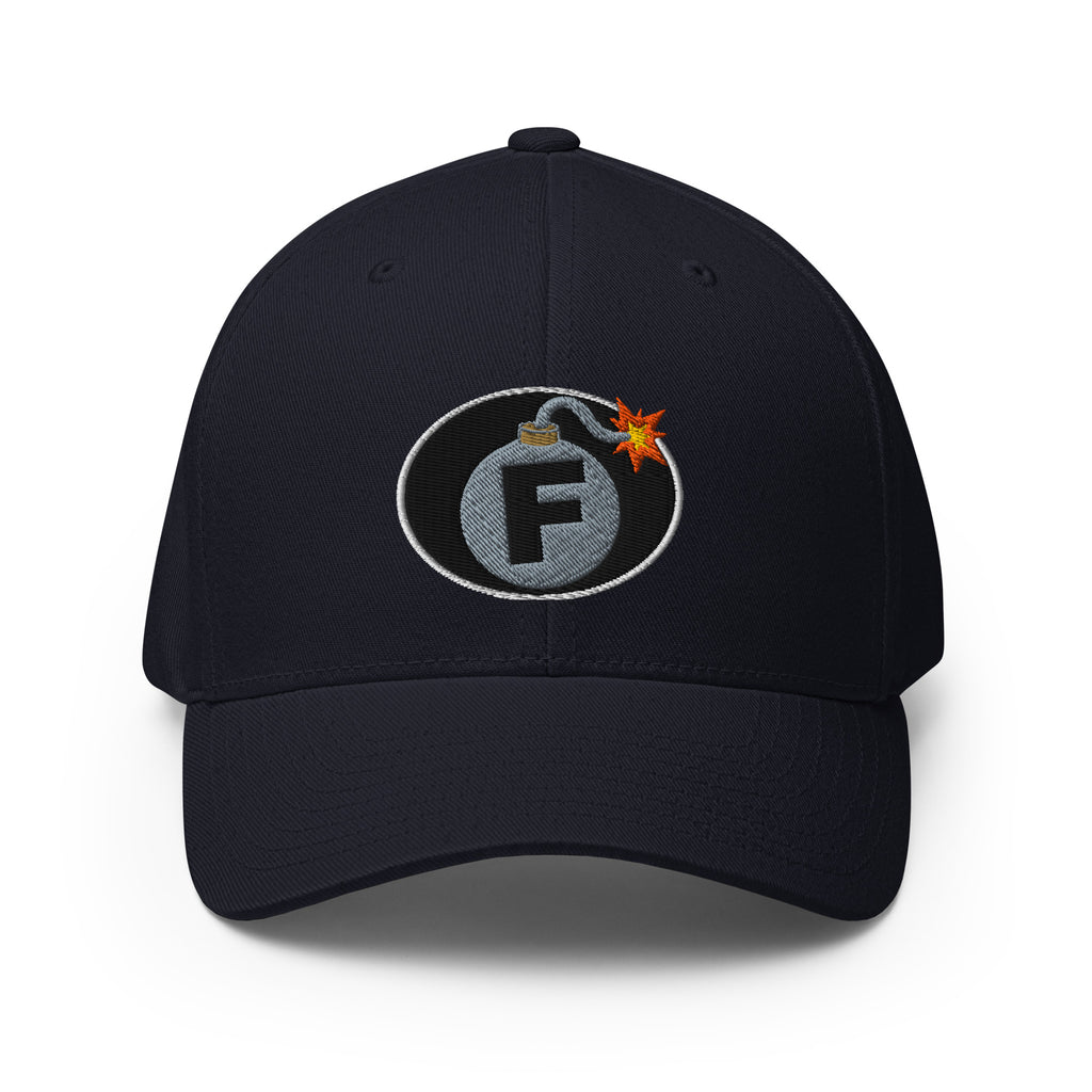 Dark Navy structured Flexfit cap with embroidered F-Bomb front design, front view