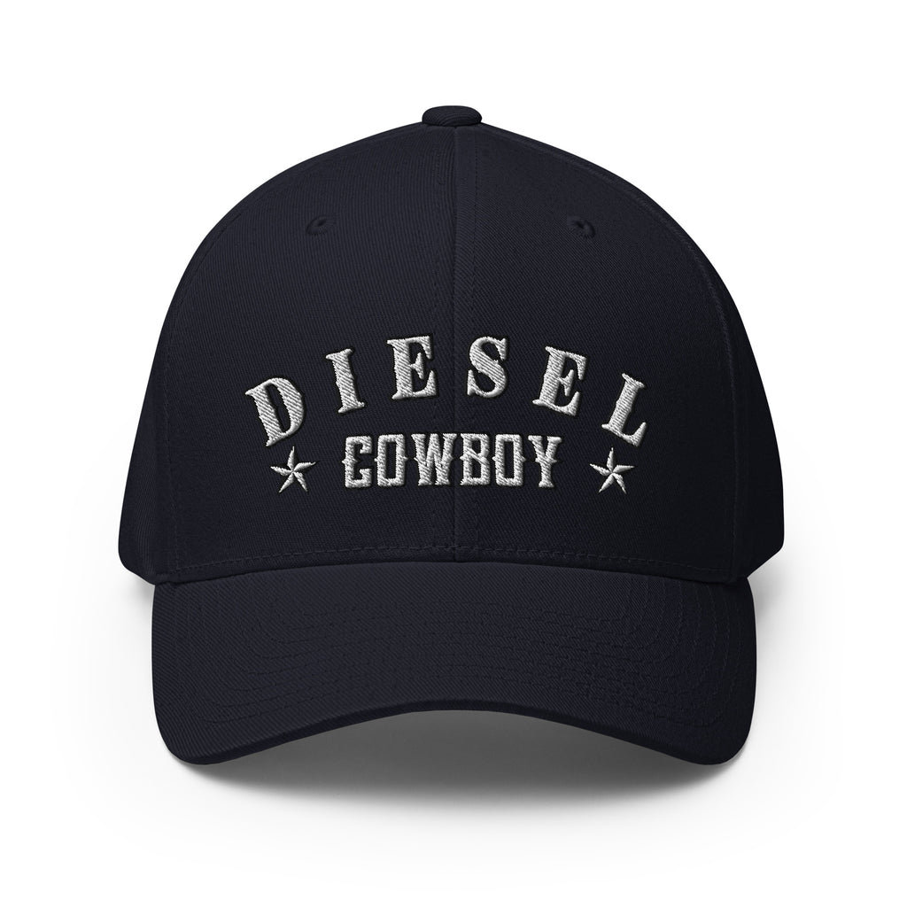 Dark Navy structured Flexfit cap with embroidered Diesel Cowboy front design, front view