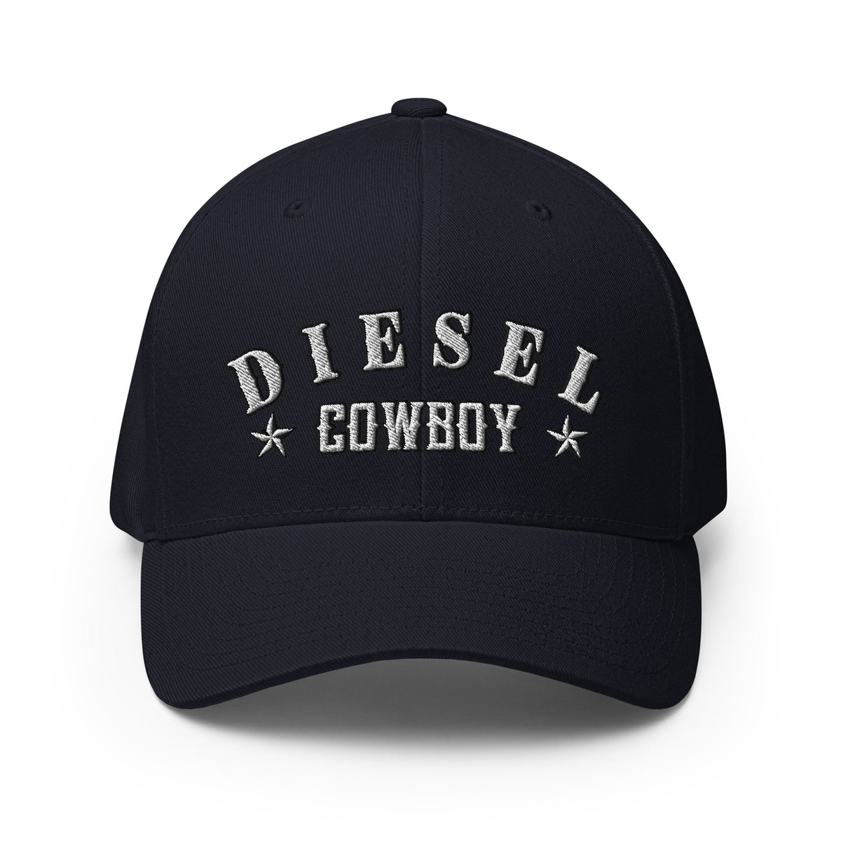 Dark Navy structured Flexfit cap with embroidered Diesel Cowboy front design, front view