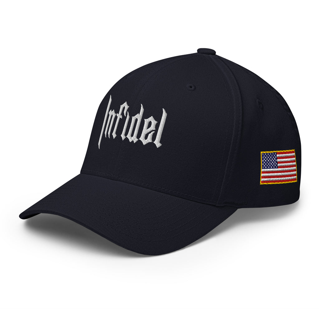 Black cap with white logo on a light gray background