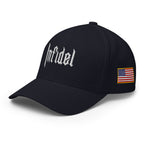 Black cap with white logo on a light gray background