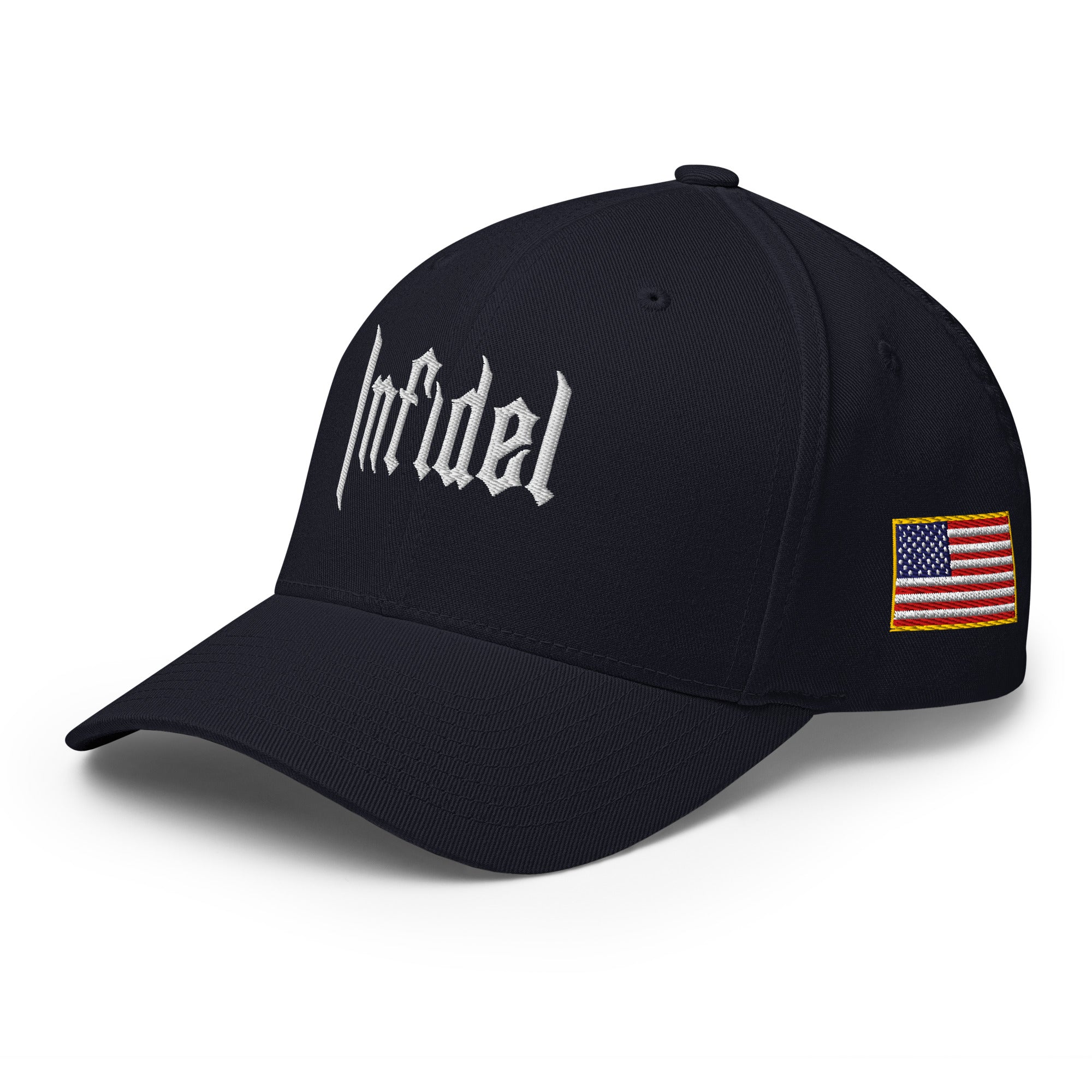 Black cap with white logo on a light gray background
