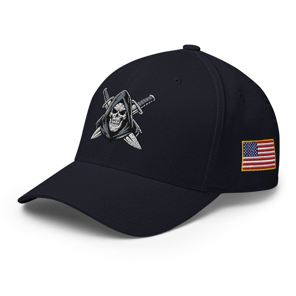 Blue cap with '1776' design and American flag patch on a white background