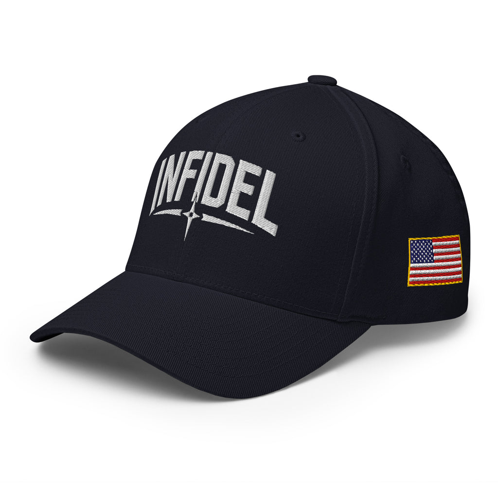 Black cap with 'INFIDEL' text and American flag patch on a white background