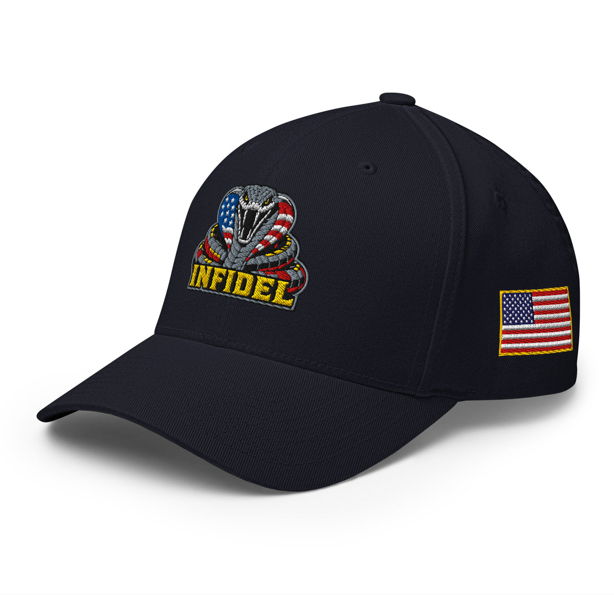 Left-front view of dark navy Infidel USA Flag Cobra Flexfit hat