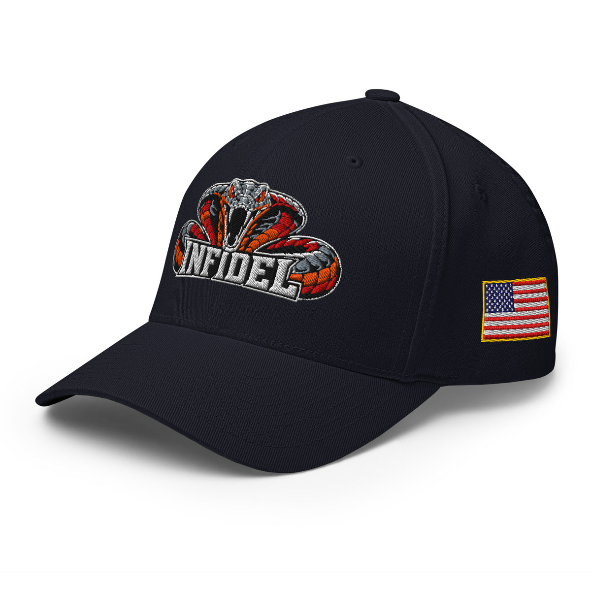 Left-front view of dark navy Infidel Cobra King Flexfit hat