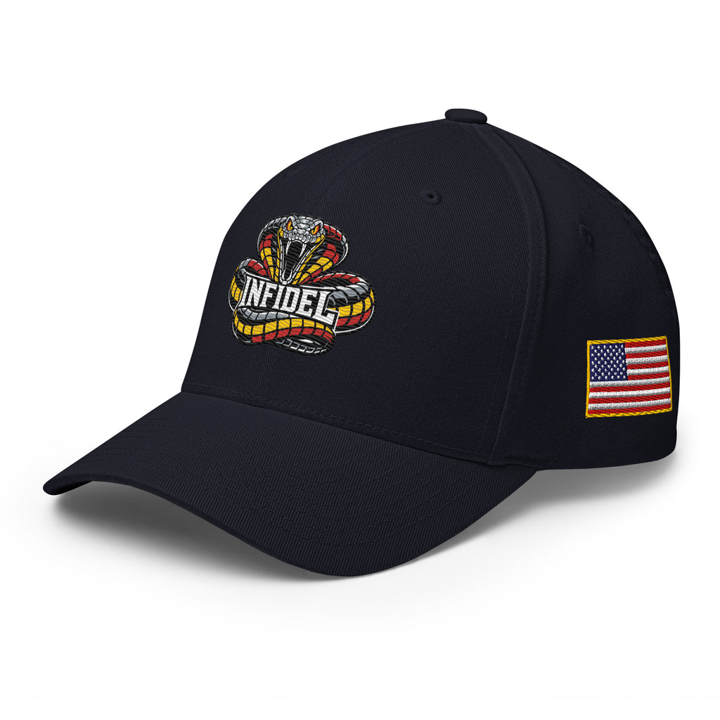 Left-front view of dark navy Infidel Coiled Cobra Flexfit hat