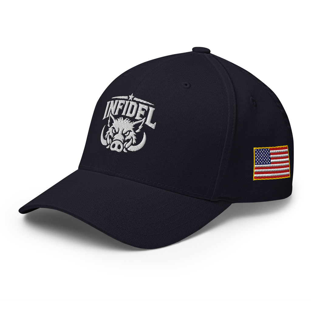 Left-front view of dark navy Infidel War Pig Flexfit hat