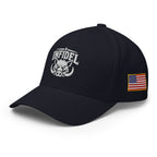 Left-front view of dark navy Infidel War Pig Flexfit hat