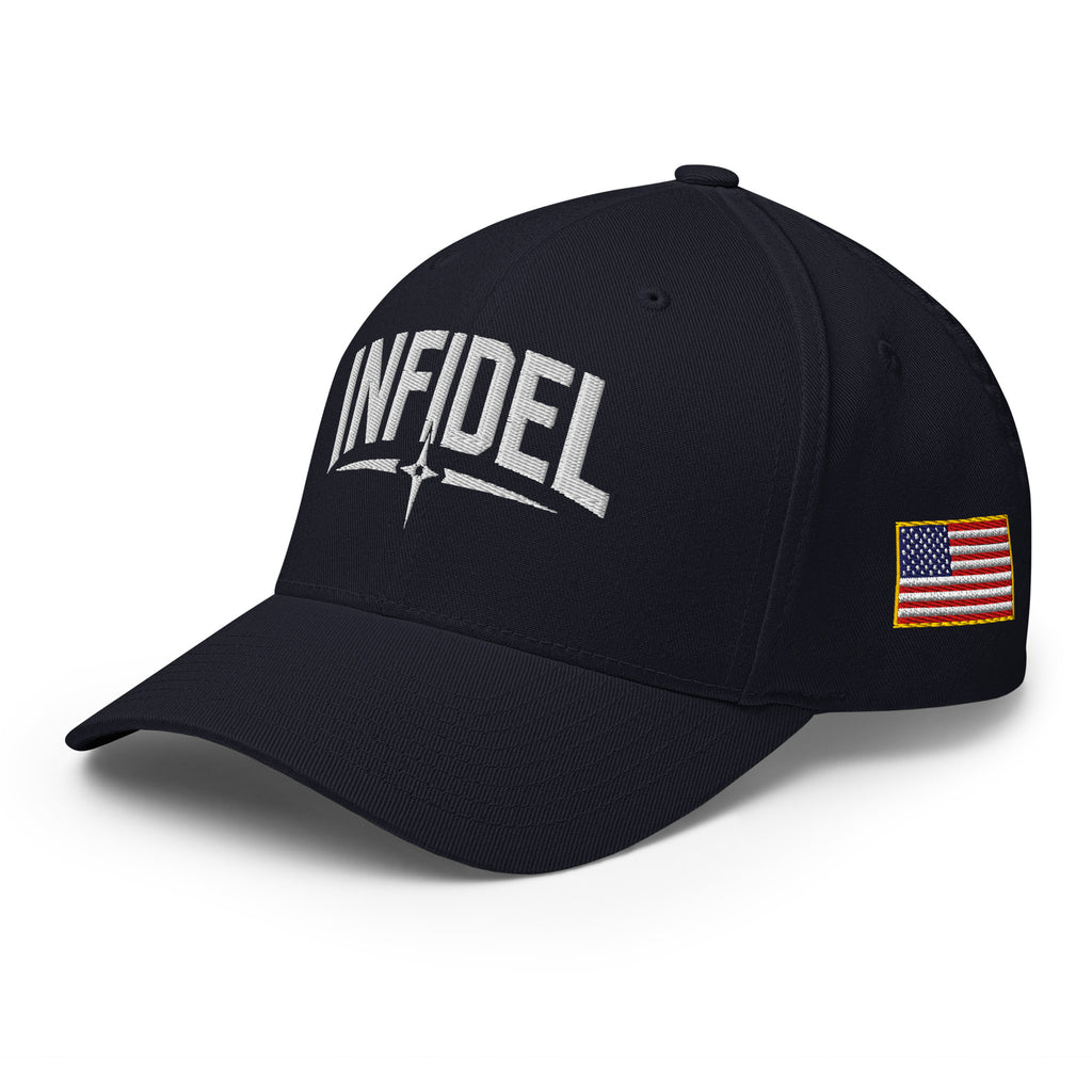 Left-front view of dark navy Infidel Spike Flexfit hat