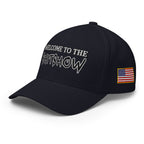Left-front view of dark navy Welcome to the Shitshow Flexfit hat