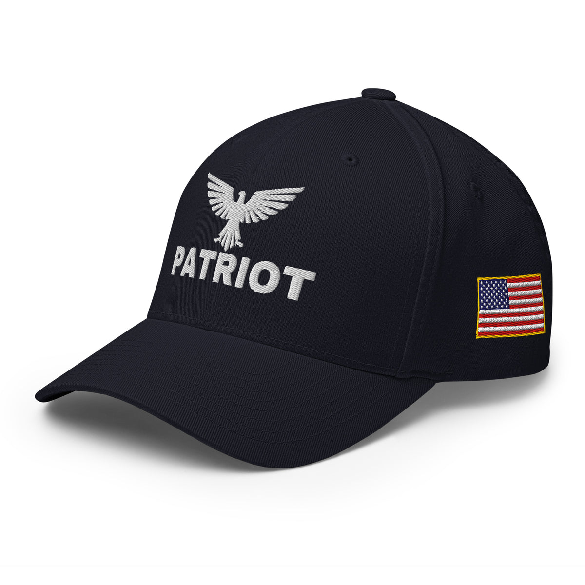Left-front view of dark navy Patriot Eagle Flexfit hat